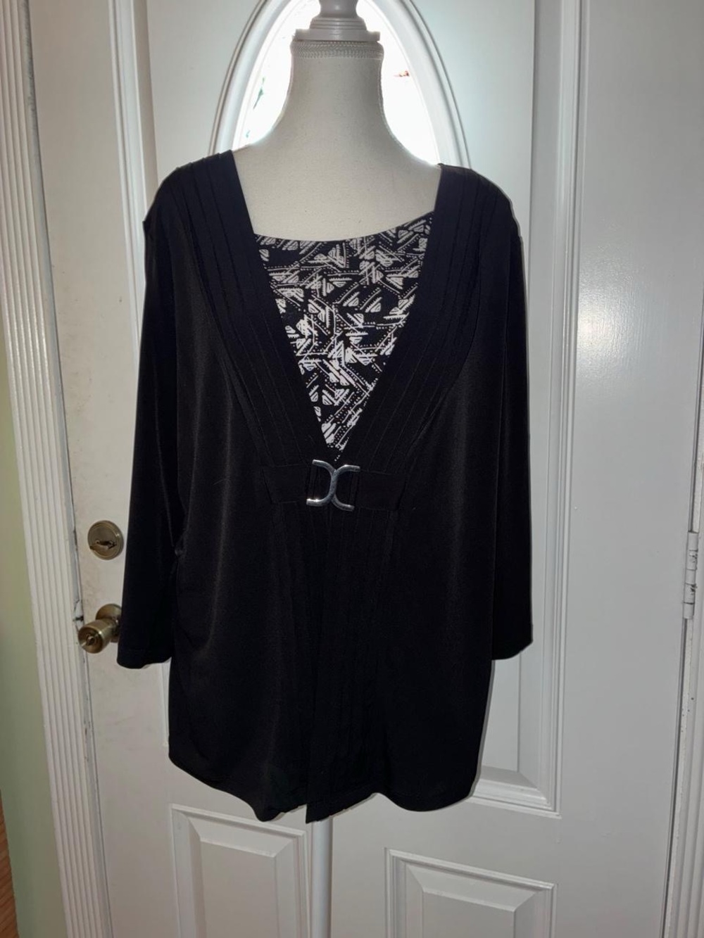 JM Collection Black Layered V-Neck Tunic with Silver Buckle